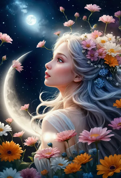 A woman with long hair and flowers in her hair is looking up at the moon, beautiful  Shiny Realistic, Beautiful White Skin , Transparent watercolor、パステルカラー、Color Halftone、 beautiful digital art ,   beautiful fantasy art  portrait, very  beautiful digital a...