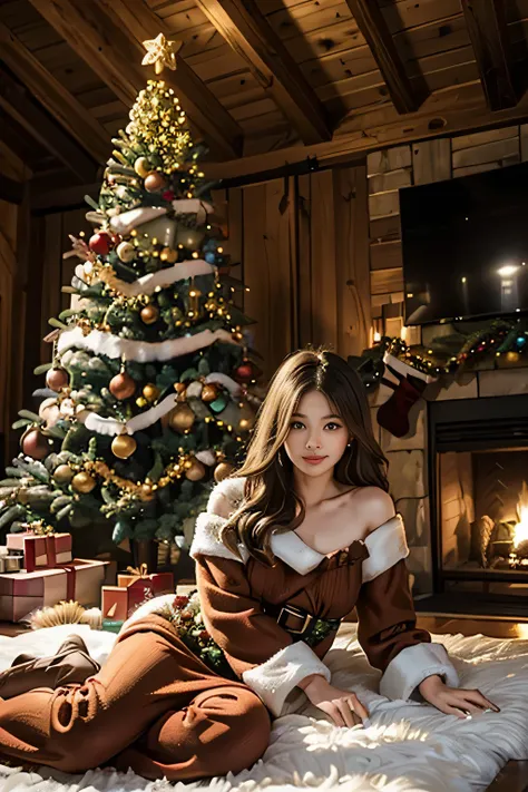  in a log house with a fireplace 、 there is a huge Christmas tree standing in the living room  、  There is a big Christmas tree in the living room、    her cute granddaughter is lounging in front of the fireplace 、Focus on Christmas dinner lined up at the d...