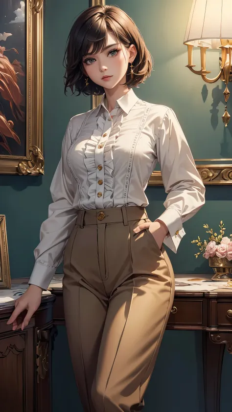 (( top quality)),( super high resolution ),( more),( detailed description ),(( best CG )),( Best Artwork ), Ultra Precision Art, Amazing Painting Art,(Exquisite art:1.5), woman,  short hair,  ruffle button shirt, womens slacks