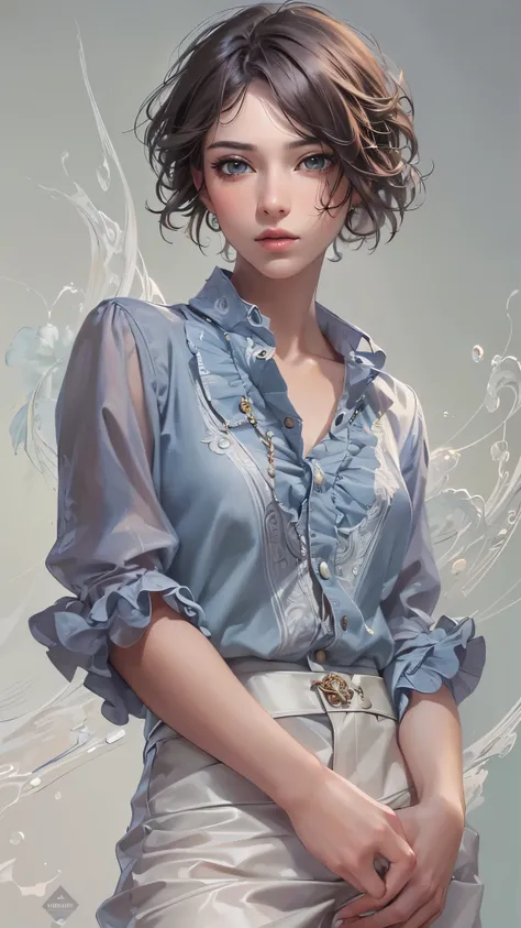 (( top quality)),( super high resolution ),( more),( detailed description ),(( best CG )),( Best Artwork ), Ultra Precision Art, Amazing Painting Art,(Exquisite art:1.5), woman,  short hair,  ruffle button shirt, womens slacks