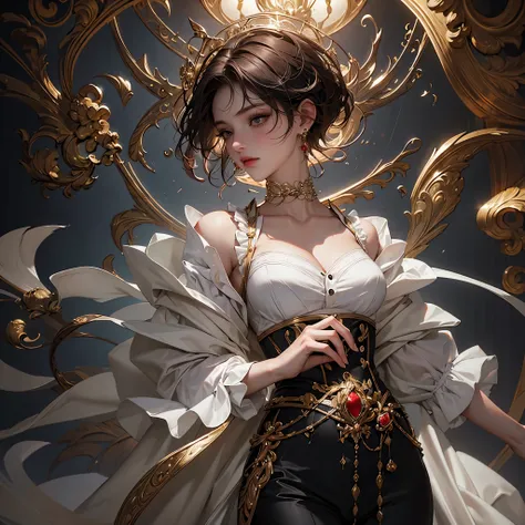 (( top quality)),( super high resolution ),( more),( detailed description ),(( best CG )),( Best Artwork ), Ultra Precision Art, Amazing Painting Art,(Exquisite art:1.5), woman,  short hair,  ruffle button shirt, womens slacks, antique gallery