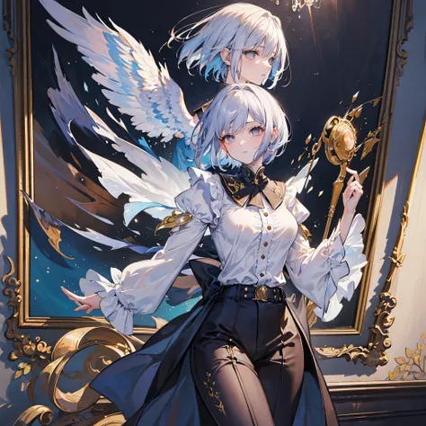 (( top quality)),( super high resolution ),( more),( detailed description ),(( best CG )),( Best Artwork ), Ultra Precision Art, Amazing Painting Art,(Exquisite art:1.5), woman, short hair, ruffle button shirt, womens slacks, antique gallery