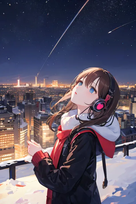  mature girl wearing headphones、 brown hair with a large shield、 Looking Up at the Sky 、Cold winter、snow、Beautiful twinkling night view 、Colorful night view、 Fantastic、Tokyo night view