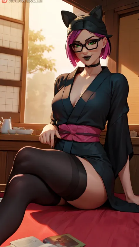 1 girl, black lips, choker, (masterpiece) dark sky, stars in the sky (forest Night) (best quality) gaming ,(alone), looking at viewer, high detailed, extremely detailed, fine green eyes,thigh high stockings, black KIMONO ,sitting on the floor, mischievous ...