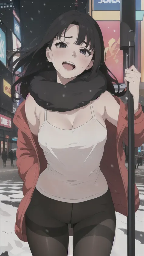 (styled beautiful anime image, wide background), (((round face))), ((windy, orgasm face)), ((drooping eyes, shame smile as orgasm)), blush, small breasts, (see-through (mesh camisole) with her (erect nipples:0.8)), (dark black pantyhose) and show her (pubi...