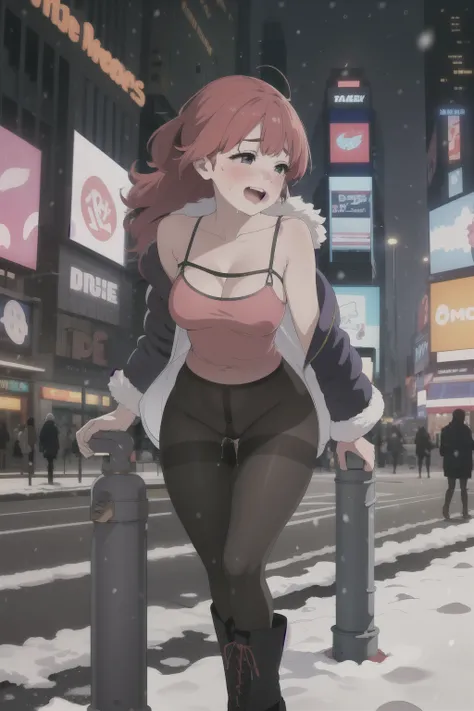 (styled beautiful anime image, wide background), (((round face))), ((windy, orgasm face)), ((drooping eyes, shame smile as orgasm)), blush, small breasts, (see-through (mesh camisole) with her (erect nipples:0.8)), (dark black pantyhose) and show her (pubi...