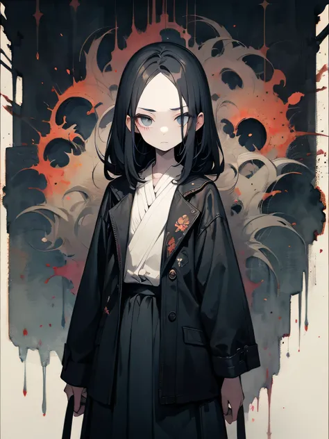 solo, (looking at viewer), black thin straight hair, big forehead, dark circles in the eyes+,pale face+, dark circles, resentful expression, pale skin, gray rens clothes, long gray skirt, ominous, scary image++, like a painting, watercolor painting style, ...