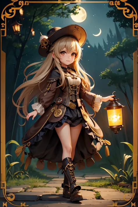 ( top quality:1.2)。steampunk。 One Girl 。 with all her might 。 long, light brown, fluffy hair。 lanterns。Walking at night。Looking around strangely 。 The background is the crescent moon and the magical forest at night 。Glowing mushroom。