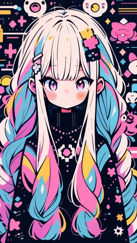 hightquality、Colorful color palette、high-level image quality、Kawaii Girl、Unprecedented amount of drawing、anime styled、Geometric pattern background、sticker style、Long hair、light pink hair、purple eyes, drill hair, front facing, hands up