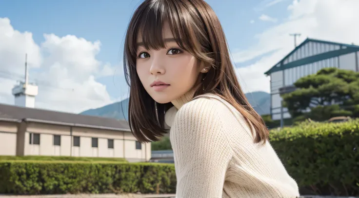 Professional, EF16-35mm f/2.8L III, high definition, 4K, photo quality, realistic, soft light source, Japanese, one pretty girl, 20 yrs old, brown eyes, parted bangs, brown hair, medium hair, close up on upper body & subject, no text.

Clothing: black turt...