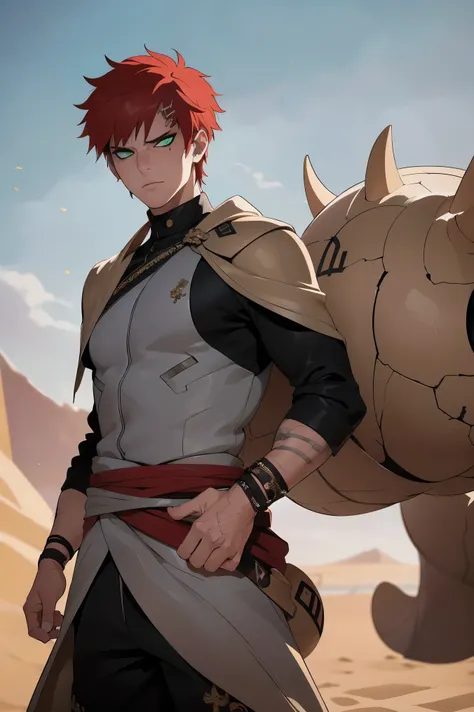 (Absurd, high quality, ultra -compared, careful with the hand)Imagine a young man standing tall and confident, his stature commanding attention. His short red hair is spiky and wild, each strand seemingly alive, reflecting the fiery spirit within him. The ...