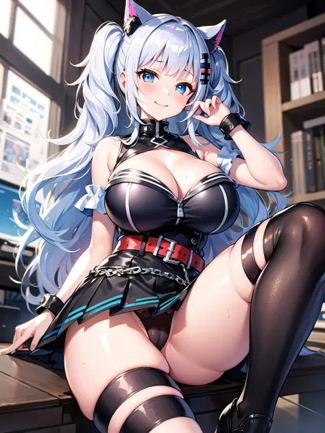 Dont do it,  1 girl, Kaguya Luna, Alone,  virtual YouTuber ,  cleavage,   thigh high socks,  Twin Tails ,  blue eyes,  Yellow Hair Ornament , Red belt,  Sleeveless,  smile, clothing cutout, red  thigh high socks,  hair clip, black dress, bangs,  gray hair ...