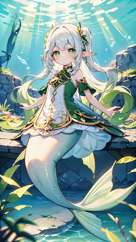 (masterpiece),( Best Quality ),(full five fingers ), a girl ,Nahida_genshin, Cross Eyelet,default_dress,Elf ears,Green Eyes, White Hair Girl,solo,Mermaid,绿色的Mermaid尾巴, Full Body Photo ,(Underwater:1.2),Smile