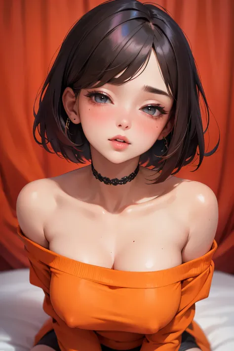 Amazing portrait of a sexy and cute girl with a short bob hairstyle and a seductive gaze who is blushing intensely with parted lips and is desperate and flustered and lustful wearing an off shoulder orange t shirt showcasing her bare shoulder while lying o...