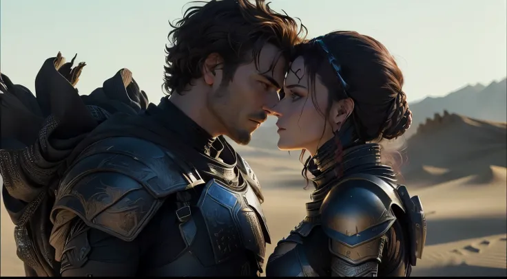 arafed image of a man and woman in armor in a desert, romance fantasy movie, film still from movie dune-2021, in the 2 0 2 1 movie dune, 8 k movie still, scene from dune 2 0 2 1 movie, in an arena in movie dune-2021, dune movie, movie still 8 k