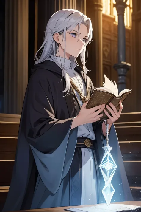 Create a character profile for "Elias," a mage in "The Cathedral of Swords." Elias is a young man with silver hair and violet eyes. He is of short stature and has a slender build, often dressed in flowing robes adorned with arcane symbols. Describe his per...