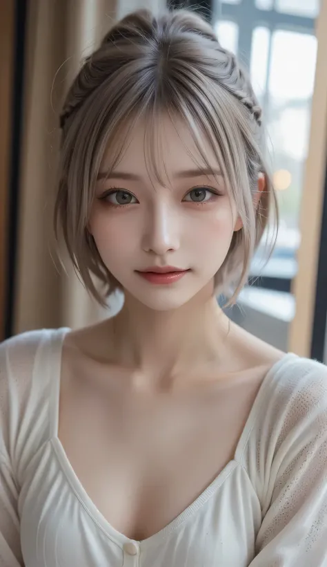 ( top quality, masterpiece:1.2),   ultra high resolution,  realistic ,  Front Lighting ,  Intricate Details,  exquisite detail and texture,  1 girl, Alone ,(young), Face Enhancement,  upper body,  detailed face , Scar bruise, white skin,  Silver Hair,  pon...