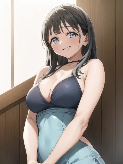  top quality, (  masterpiece :1.2),    high definition ,
  ocean, water,   splash,
akebi komichi,   upper body,
  1 girl, alone,   standing with different breasts ,   viewers of the pin,   open mouth, smile, 
  black hair,   long hair,   blue eyes,   mediu...