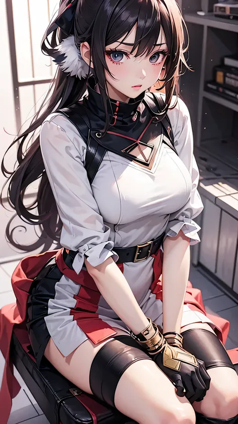 Future Anime Art. Bird&#39;s Eye View, A dirty woman sits on an abandoned chair , Wet, messy hair hanging over her eyes,  detailed bodycon shirt and pleated skirt. Vic Ship, Close-up view, Hurt. Hand-drawn,  cinematic lighting,  very detailed with crimson ...