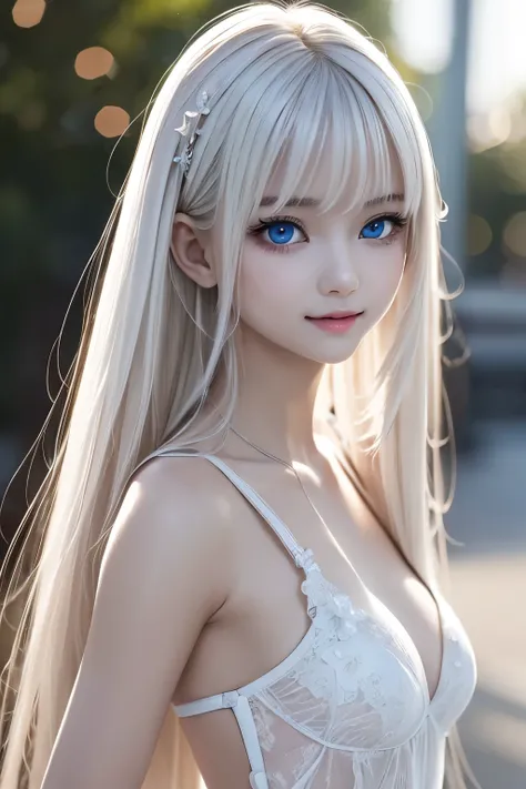 masterpiece, top quality, very detailed,photo realistic , realistic ,  ultra high resolution,  Masterpiece, pretty girl, teenager,White Hair,White straight hair, perfect eyes, VERY CUTE ,slender,チアガール,highway,dance,smile