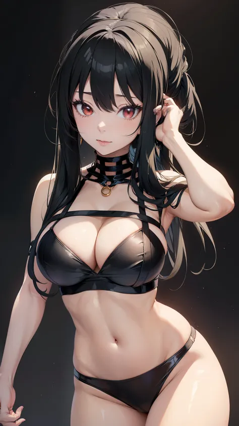 Sexy anime girl, posing in a sexiest way, showing off her sexy figure, close to the viewer, revealing her whole figure, stunning pose, wearing a black bra, simple black background.