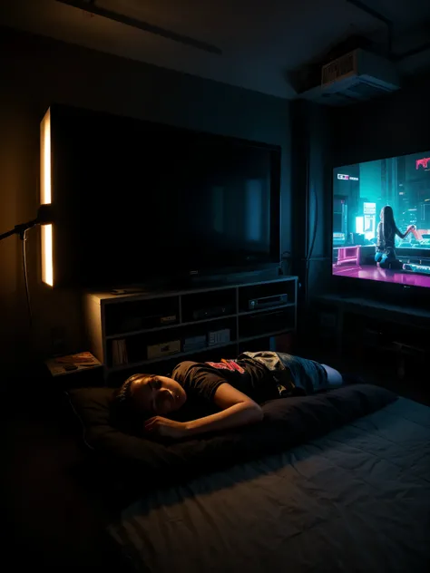 there is a girl sitting on a bed in a room playing video games, big television, teen room with books, cyberpunk, inspired by Liam Wong, at night, dark room, lo-fi illustration style, gamer room, studying in the room, cyril rolling over and m.w kaluta, teen...