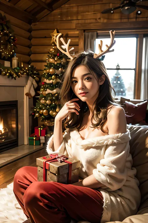  in a log house with a fireplace 、 there is a huge Christmas tree standing in the living room  、  There is a big Christmas tree in the living room、    her cute granddaughter is lounging in front of the fireplace 、Focus on Christmas dinner lined up at the d...