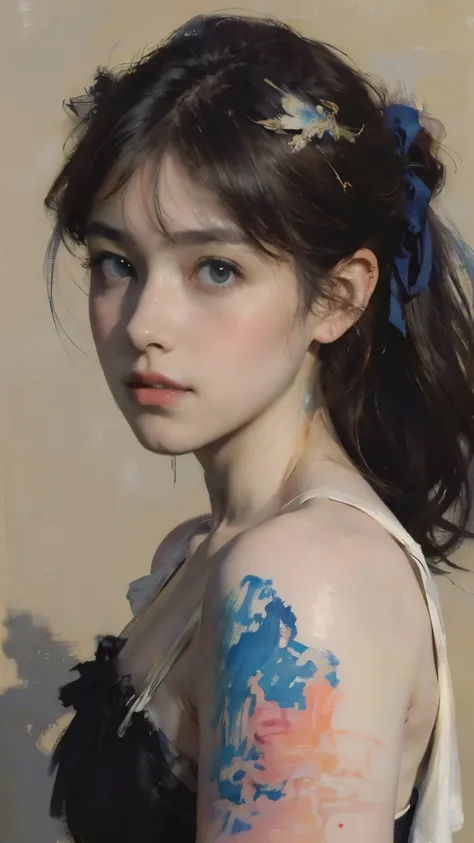 (8k,  top quality, masterpiece:1.2),( top quality:1.0), ( super high resolution :1.0), watercolor,  beautiful women,  shoulder,  hair ribbon, by agnes cecile, Half-body portrait,  Extremely Bright Brilliant Design,  pastel color, (ink:1.3), autumn lights,