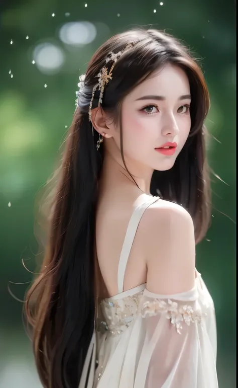 ((Best Quality, 8k, Masterpiece: 1.3)), Focus: 1.2, Perfect Body Beauty: 1.4, Buttocks: 1.2, ((Layered Haircut)), (Wet Clothes: 1.1), (Rain, Street:1.3), (Breasts: 1.2), (Hanfu: 1.2), Bare Shoulders, Bare Legs, Highly Detailed Face and Skin Texture, Fine E...