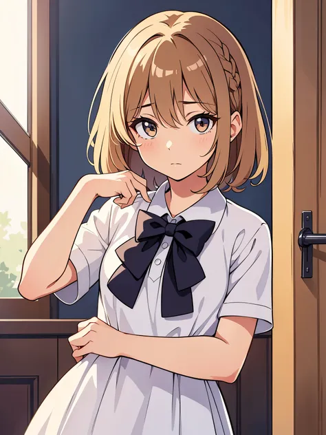 (extremely delicate and beautiful: 1.2), 1girl, fashi-girl, bangs, pretty eyes, bow, brown hair, closed mouth, sideways, hair between eyes, hair bow, short sleeves, looking at the viewer, medium hair, solo, upper body, school uniform: 1.3, ((solo)), (maste...