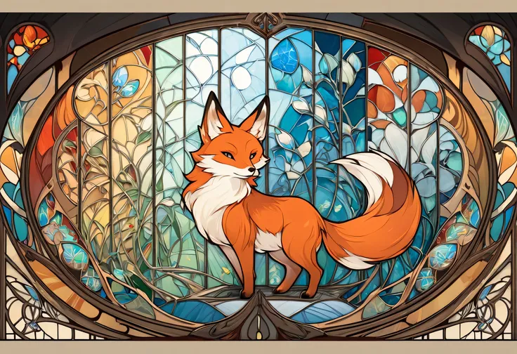 Close up of a stained glass Fox painting,  elaborate painting by Daniel Schultz ,  shutterstock, Art Nouveau, Spiritual Fox, Whimsical Fox,  stained glass art ,  Beautiful Fox Lady , Anthropomorphic Fox,  Guitar concept art , Red fox, The love of Fantasy F...