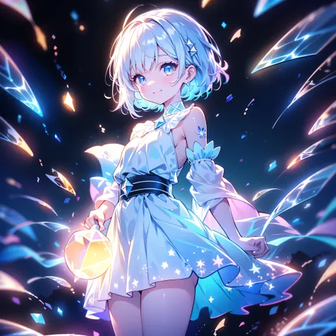 1girl, pretty face、Baby Face、((( Dynamic Best Composition、 top quality、 Masterpiece、 Official Art 、 more、 high definition、 Perfect Anatomy)))、 neon color、 yellow and cyan neon color 、 neon lights enhance cuteness、hologram、Very beautiful picture、black light...