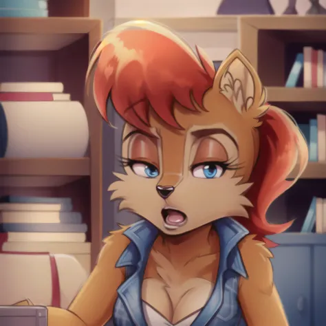  masterpiece fails,  realistic, photo,  top quality ,anthropomorphic squirrel girl Sally, One,   red hair ,  short hair , blue vest,( plaid skirt), duration ,  in the room , librory, bookshelf, happy,  open mouth , throw, Cabedon ,bro
