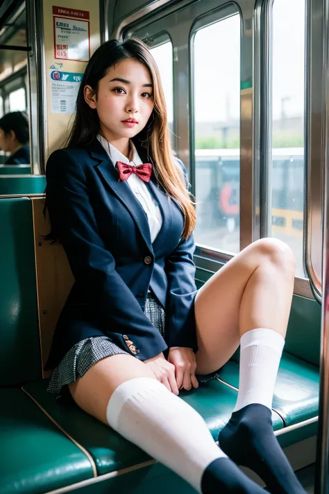  in the train,A  old female high school student is sitting with her legs crossed, gal, looking at camera, Japanese,beautiful, cute,Big Breasts, erotic expression,Taunt, miniskirt,uniform, socks are loose socks , high image quality,