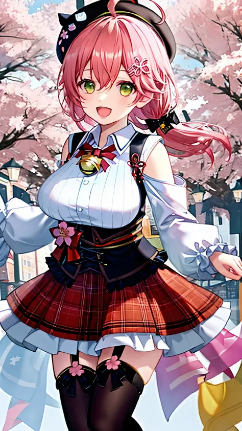 masutepiece, Best_Quality, hight_resolution, miko2,Ponytail, 1girl, Ahoge, black headwear, Hair Ornament, White shirt, black thighhighs, Pink hair, Red_skirt, very_short_skirt, plaid skirts, garter_strap, Collared shirt, hair clips, frilld, Bangs, hair bet...