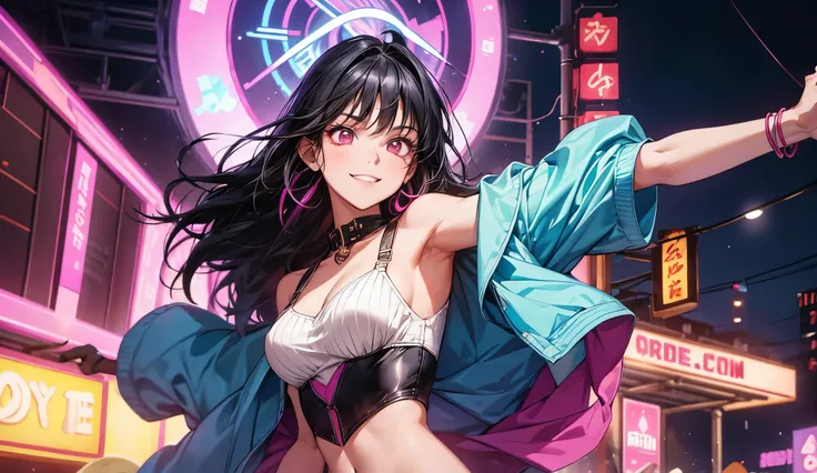 The background is on a colorful stage illuminated by neon signs. The girl with black hair is dancing. She is wearing revealing sexy clothes. The girl is smiling on white skin. Her gaze is looking straight ahead. It is expressed based on her face.