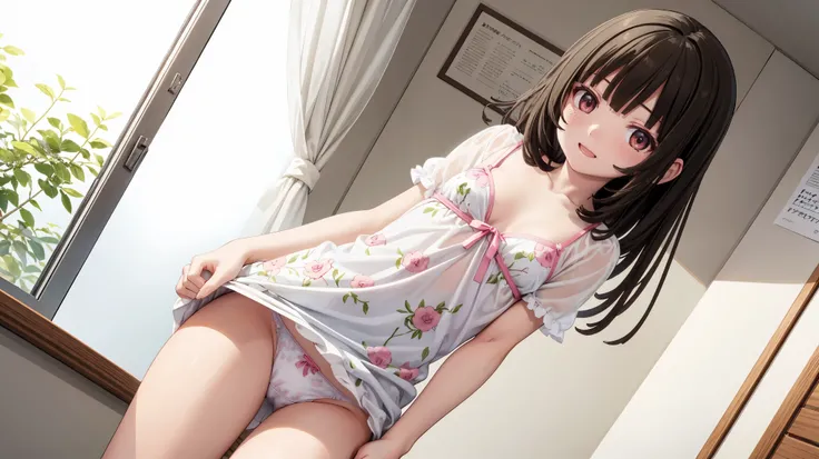 room, One elementary school girl,  top quality,  super high resolution ,  long hair,   skirt, Short sleeve,   viewers, small breasts,  standing with different breasts , throw,  slender body , Lori shape  , , smile, open her mouth ,, 子供綿  underwear visible ...