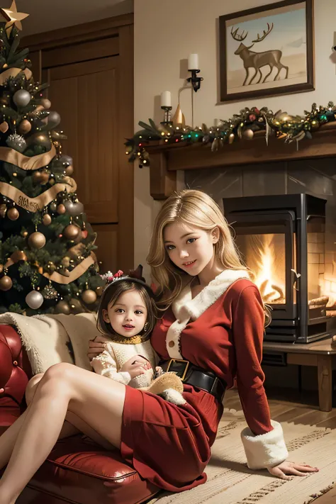  in a log house with a fireplace 、 there is a huge Christmas tree standing in the living room  、  There is a big Christmas tree in the living room、    her cute granddaughter is lounging in front of the fireplace 、Focus on Christmas dinner lined up at the d...