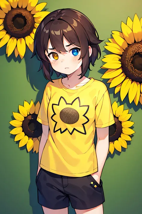 a girl who is wearing a yellow sunflower T-shirt . She has short wavy brown hair. She has fair complexsion . She has heterochromia. She is standing and talking. Crate anime