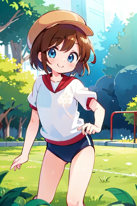 Helga Haruka,  blue eyes, Brown Hair,  short hair, Brown hat, traditional Japanese gym uniform ,  1 girl,  smile,