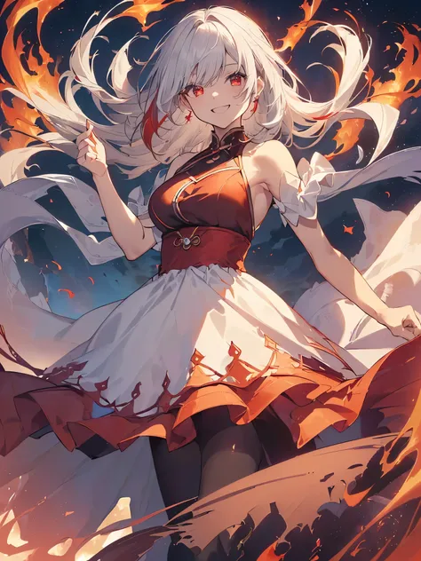 (( top quality、Mysterious、 complete anatomy、 Fantastic、night、dim、 moonlight)),woman,(((日本人woman、Alone, slightly brownish white hair、Hair that goes up to the shoulders 、red streaked hair,standing,Floating,spread arm,frame floating finger,windy cloth,Laughin...