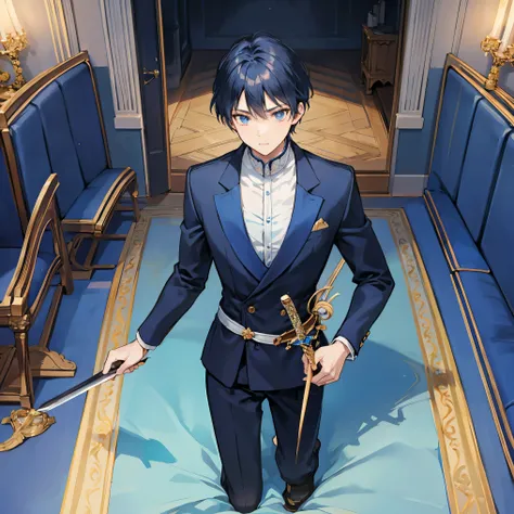 The dark-blue short-haired prince knelt in front of the king in the large auditorium and received a decorated sword