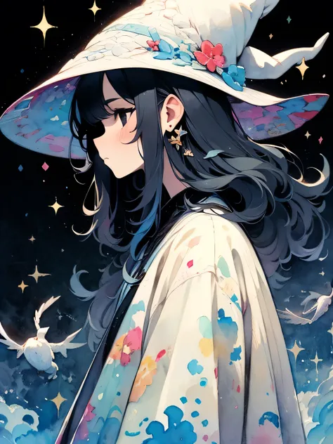 (sideview,dutch angle),Alone, upperbody ,white witch hat 、 white witch robe、black long hair,black eyes,like a painting, watercolor painting style, The Art of Mathematics, Official Art, Masterpiece, beautiful, ((watercolor)), paint splashes , complex detail...