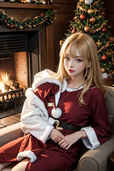  in a log house with a fireplace 、 there is a huge Christmas tree standing in the living room  、  There is a big Christmas tree in the living room、    her cute granddaughter is lounging in front of the fireplace 、Focus on Christmas dinner lined up at the d...