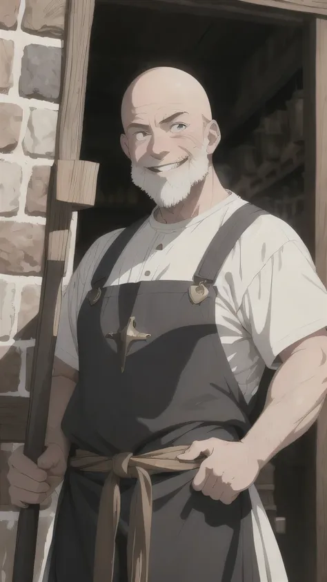 an anime image of medieval middle aged man called Derik Wandergor, a strong bald man wearing nothing but apron drenched in sweat and distain, big smile, stands as the charismatic proprietor of the weapon shop in the heart of medieval city. the scene is out...