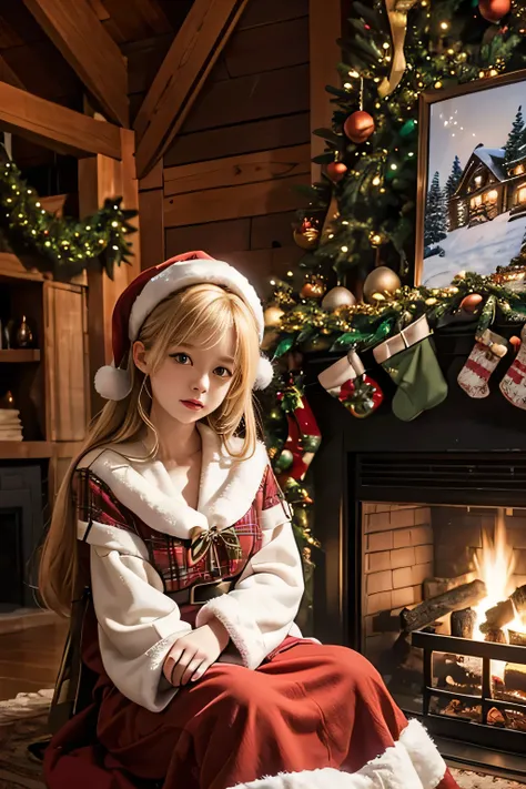  in a log house with a fireplace 、 there is a huge Christmas tree standing in the living room  、  There is a big Christmas tree in the living room、    her cute granddaughter is lounging in front of the fireplace 、Focus on Christmas dinner lined up at the d...