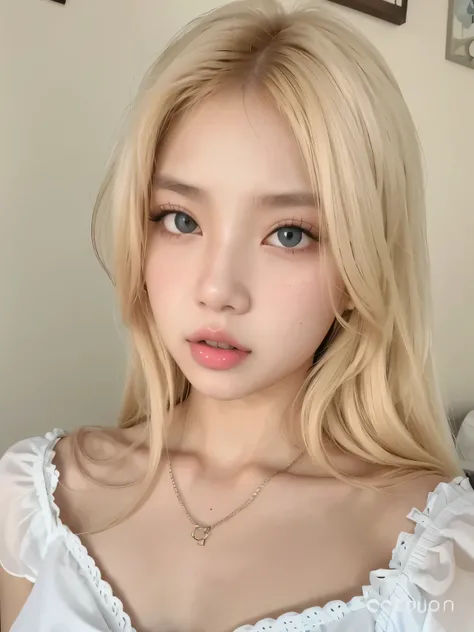 a close up of a woman with long blonde hair and a white blouse, maquiagem sul-Korean popular, Retrato de Jossi do Blackpink, 8k selfie photography, maquiagem Korean popular, young lovely korean face,  Korean, pale milky white porcelain skin, linda jovem Ko...