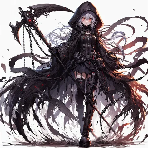 (masterpiece, best quality), ultra detailed, anime style, full body, solo, Full body anime style, Cyberpunk grim girl, cyber gothic dress, tendrils of dark shadow, ragged robes, hooded, with a chain sickle, the eyes burning hell flame, hi-tech boots, stand...