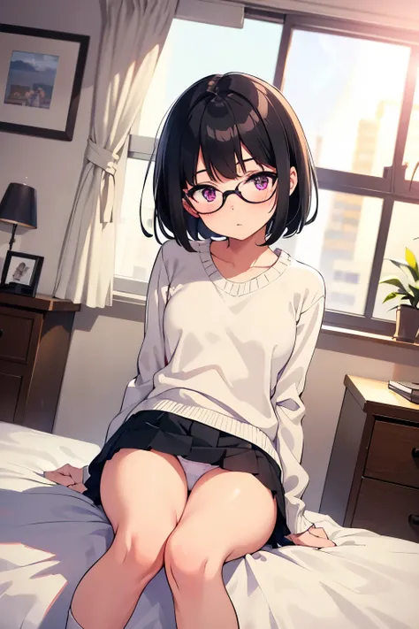  elementary school, , flat chest, black hair, short bob, glasses, purple eyes　 blush your cheeks （（One person）） beige knitted top sweater　 lower body black miniskirt 　White panty skirt rolled up （（ can see her panties ）） holding white socks 　 sneakers　 gir...