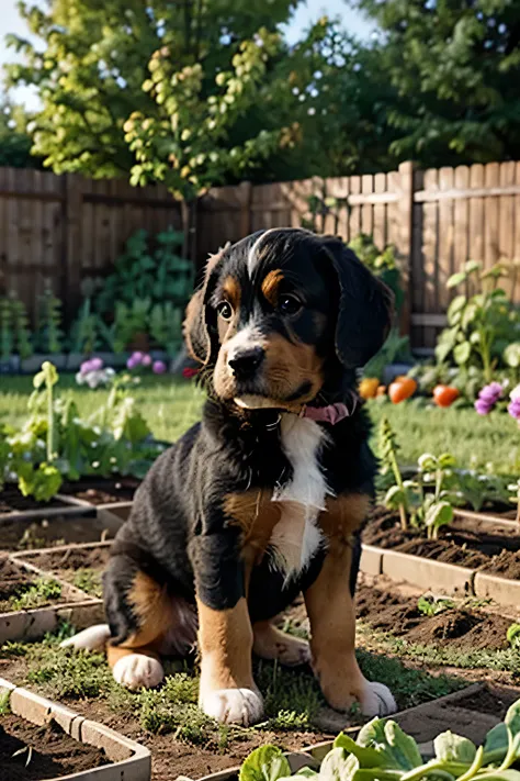 puppy in vegetable garden